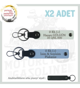 Yolların Maceracıları İçin, İsim Plaka, 0 Rh (+) Kan Grubu Yazılı Özel x2 Anahtarlık, Mavi-Beyaz-Syh (Çok Renkli)