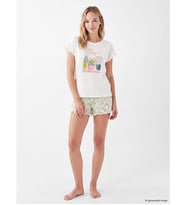 LCW DREAM Ekru Bisiklet Yaka Baskılı Kadın Şortlu Pijama Takımı
