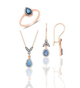Söğütlü Silver Gümüş rose akuamarin taşlı damla üçlü set