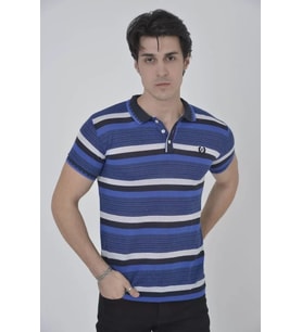 Erkek Yakalı Slim Fit Dokuma Çizgili T-Shirt - Mavi