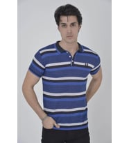 Erkek Yakalı Slim Fit Dokuma Çizgili T-Shirt - Mavi