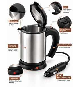 Otomobilde Kullanıma Uygun 12V Çakmak Soketli Paslanmaz Çelik Pratik Su Isıtıcı Kettle