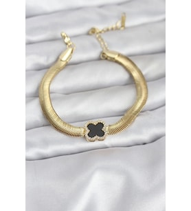 316L Çelik Gold Renk Siyah Yonca Model Zirkon Taşlı Yılan Zincirli Kadın Bileklik