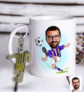 BK Gift Kişiye Özel Sarı-Lacivert Futbolcu Karikatür ve Formalı Metal Anahtarlık Hediye Seti