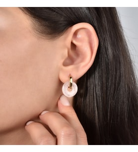 14 Ayar Altın Kaplama Gerçek ve Doğal Donut Rose Quartz Taşlı Halka Küpe - ES00153 (Pembe-Beyaz)