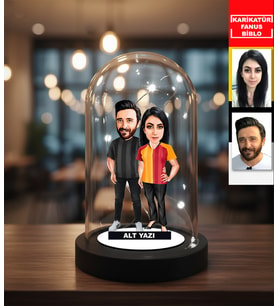 KİŞİYE ÖZEL ÇİFT, SEVGİLİ Siyah Beyaz VE Sarı Kırmızı TARAFTAR TASARIMLI IŞIKLI KARİKATÜR FANUS BİBLO