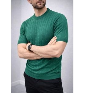 Erkek Yazlık Triko Dokuma Tişört Kısa Kol Bisiklet Yaka Örgü Desenli T-Shirt - Haki