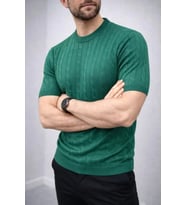 Erkek Yazlık Triko Dokuma Tişört Kısa Kol Bisiklet Yaka Örgü Desenli T-Shirt - Haki