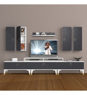 Decoraktiv Ekoflex 8D Mdf Gold Tv Ünitesi Tv Sehpası - Beyaz Antrasit (Beyaz - Antrasit)