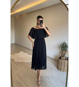 Neşeli butik kadın omzu açık piliseli midi şifon elbise NM006 (Siyah)