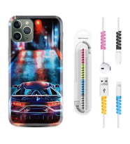 Apple iPhone 11 12 13 14 Pro Max Kılıf Kablo Koruma Spiral Silikon Neon Cars 1724