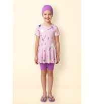 Kız Çocuk 3'lü Mayo Takımı (Tunik Boy Üst+Diz Boy Alt ve Bone) 7-16 Yaş 12600B MODANINO (Pembe-Lila)