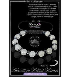 Sertifikalı Gerçek Hematit - Kristal Kuvars Taşı Bileklik - Ayarlamalı (Beyaz)