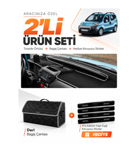 CITROEN NEMO (2007-2020) Uyumlu Torpido Örtüsü + Deri Bagaj Çantası + Sticker Seti - Siyah Gri