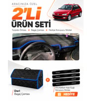 PEUGEOT 106 (1991-2003) Uyumlu Torpido Örtüsü + Deri Bagaj Çantası + Sticker Seti - Siyah Mavi