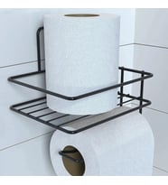 Kendiliğinden Yapışkanlı Tuvalet Kağıdı Tutacağı ve Yedek Raf - Siyah Modern Metal Tasarım