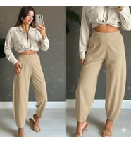 pilelistore- Kadın Yüksek Bel Krep Pantolon (Bej)