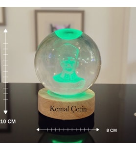 Kişiye Özel Büyük Boy Işıklı Ahşap Kaideli Atatürk Temalı Cam Küre 8cm