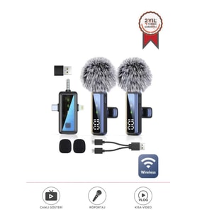 Torima H68 Type-C + Lightning + Aux 2li 3in1 Kablosuz Yaka Mikrofonu (Siyah)