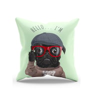 Moud's Çift Tarafı Baskılı Gözlüklü Pug Köpek Desenli Süet Kırlent Kılıfı - PL803