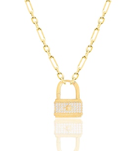 Gümüş altın yaldızlı zirkon taşlı figaro zincirli kilit kolye SGTL12141GOLD