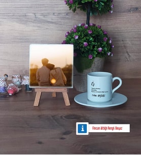 Eşe Hediye Fotoğraflı Dekoratif Taş, Ahşap Altlıklı Türk Kahvesi Fincanı Hediye (Model 2)