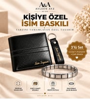 Ayleen Ayz Deri Erkek Cüzdan Kartlık Kişiye Özel İsim Baskılı Siyah Anahtarlık Çelik Bileklik Seti