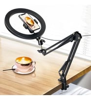 Kıskaçlı 10 inch Youtuber LED Işıklı Halka Telefon Tutuculu Yüksekliği ve Açısı Ayarlanabilir 10 inch 26 cm Selfie Yayıncı Makyaj Işığı Masa Kenarına Monte Edilebilir HLK-012A