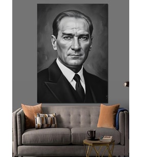 Atatürk Siyah Beyaz Portre Dekoratif Kanvas - Mdf Ahşap Tablo