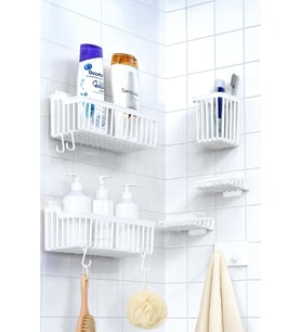 6'Lı Banyo Seti Yapışkanlı Banyo Düzenleyici Şampuanlık Diş Fırçalık Sabunluk Askılık Takımı Beyaz
