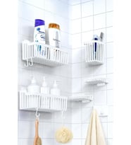 6'Lı Banyo Seti Yapışkanlı Banyo Düzenleyici Şampuanlık Diş Fırçalık Sabunluk Askılık Takımı Beyaz