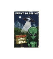 I Want to Believe Retro Ahşap Tablo – Uzaylı ve UFO Bölgesi Temalı Mizahi Tasarım