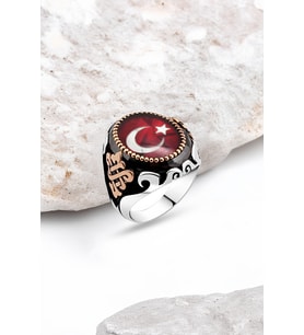 Mineli Ay-Yıldızlı Gümüş Erkek Yüzük