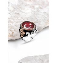 Mineli Ay-Yıldızlı Gümüş Erkek Yüzük