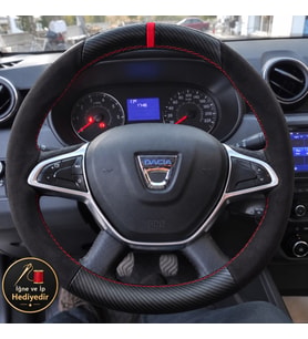 Dacia Logan Dikme Direksiyon Kılıfı Alcantara Süet Mat Karbon Kırmızı Yüzük ve Dikiş 2017-2020