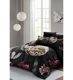 Lastikli Çarşaflı %100 Pamuk Saten Çift Kişilik Nevresim Takımı Black Flower