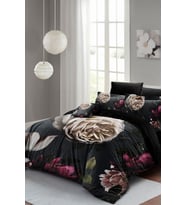 Lastikli Çarşaflı %100 Pamuk Saten Çift Kişilik Nevresim Takımı Black Flower