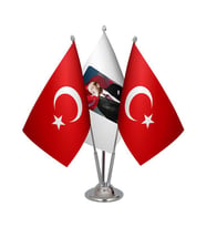 Masa Üstü Atatürk Bayrağı Türk Bayrağı Üçlü Krom Direk Masa Bayrak Seti