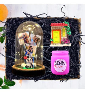 Kişiye Özel 3 Fotoğraflı Pandalı Fanus (Işıklı), Kokulu Pembe Mum ve Magnet 