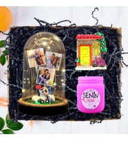 Kişiye Özel 3 Fotoğraflı Pandalı Fanus (Işıklı), Kokulu Pembe Mum ve Magnet 