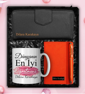 Öğretmenler Gününe Özel Tasarım Kupa & Kişiye Özel Cüzdan & Defter & Kalem Hediye Seti (Turuncu)