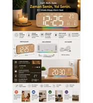 Büyük Ekranlı Ahşap Desenli Dijital Masa Saati 24x9x3 Cm Alarm Çalar Saat Rgb Renkli Led Işıklı Usb
