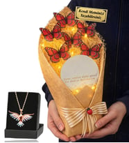 Kişiye Özel Premium Hediye Led Işıklı Aynalı Kelebek Buketi ve Renkli Anka Kuşu Kolye (Kırmızı)