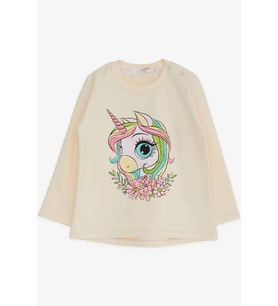 Breeze Kız Çocuk Uzun Kollu Tişört Unicorn Baskılı 1.5-5 Yaş, Krem
