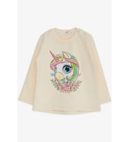 Breeze Kız Çocuk Uzun Kollu Tişört Unicorn Baskılı 1.5-5 Yaş, Krem