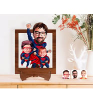 BK Gift Kişiye Özel Süper Baba ve 2 Çocuk Karikatürlü Ahşap Standlı 3D Biblo-1 (Beyaz)