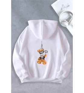 Unisex Kadın Erkek Ayı Maskeli Oversize Sweatshirt 2 İPLİK (Beyaz)