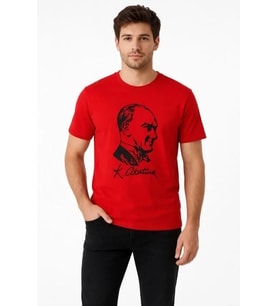 Erkek Atatürk Baskılı Tişört Kısa Kollu Bisiklet Yaka T-Shirt - Kırmızı