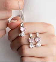 925 Ayar Gümüş Pembe Taşlı Kedi Kolye Küpe Seti
