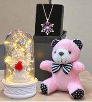 Gerçek Ametist Taşlı Lotus Kolye, Peluş Anahtarlık ve Led Işıklı Fanus Hediye Seti (Model 3)